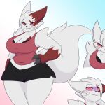  2021 anthro big_breasts black_bra black_clothing black_eyes black_underwear bra breasts claws clothing dewwydarts female fluffy fluffy_tail fur generation_3_pokemon hair hand_on_hip hi_res multicolored_body multicolored_fur nintendo pink_sclera pokemon pokemon_(species) red_body red_clothing red_fur red_topwear simple_eyes solo standing tail thick_thighs topwear two_tone_body two_tone_fur underwear white_body white_fur white_hair wide_hips zangoose 