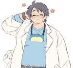  1boy ^_^ arm_behind_head belly closed_eyes facial_hair facing_viewer glasses grey_hair happy_aura highres koipo_(fungikoi) labcoat male_focus merchandise neroli_(pokemon) paper plump pokemon_sleep round_eyewear short_hair sleep_mask snorlax solo stubble upper_body 