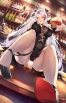  1girl alcohol azur_lane bar_(place) black_dress blush bottle covering covering_crotch cup dress drinking_glass dutch_angle evening_gown gainoob high_heels highres looking_at_viewer manjuu_(azur_lane) multicolored_hair official_alternate_costume prinz_eugen_(azur_lane) prinz_eugen_(cordial_cornflower)_(azur_lane) revealing_clothes sitting sitting_on_bar strappy_heels streaked_hair thigh_strap 
