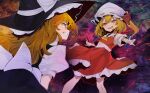  2girls abstract_background ascot aura back_bow black_headwear black_skirt black_vest blonde_hair bow clenched_teeth collar collared_vest crystal_wings dark_aura eyelashes fighting_stance flandre_scarlet frilled_collar frilled_hat frilled_skirt frills from_behind game_cg hat hat_bow hat_ribbon kirisame_marisa leaning_forward looking_at_another medium_hair miniskirt mob_cap multiple_girls official_art open_mouth outstretched_arms puffy_short_sleeves puffy_sleeves red_eyes red_ribbon red_skirt red_vest ribbon sash shirt short_sleeves side_ponytail skirt skirt_set smile teeth third-party_source touhou touhou_cannonball tsurime turtleneck ukyo_rst upper_teeth_only v-shaped_eyebrows vest white_bow white_collar white_headwear white_sash white_shirt witch_hat yellow_ascot yellow_eyes 