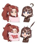  ! 2girls ? ahoge blue_eyes blush brown_coat brown_hair chibi closed_eyes coat detached_ahoge expressive_hair full-face_blush gebura_(project_moon) grey_eyes heterochromia high_ponytail highres hod_(project_moon) library_of_ruina long_hair medium_hair mu46016419 multiple_girls project_moon red_coat red_hair sidelocks very_long_hair yellow_eyes yes yes-no_pillow 