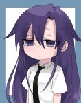  1girl blue_background fusuma_(suwaru_boom) goshiki_agiri highres kill_me_baby long_hair necktie purple_eyes purple_hair school_uniform solo tearing_up white_background 