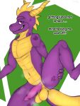  3:4 absurd_res activision anthro athletic balls bodily_fluids dialogue dragon genitals grin hair hi_res horn looking_at_viewer male musk navel penile_spines penis purple_body purple_eyes ryme scales simple_background smile solo spiky_hair spread_legs spreading spyro spyro_the_dragon sweat talking_to_viewer teeth 