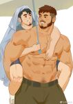  2boys abs arm_around_shoulder bara beard blush_stickers brown_hair carrying clothed_male_nude_male couple dark-skinned_male dark_skin facial_hair feet feet_out_of_frame full_body goatee green_pants grin happy highres holding holding_umbrella interracial large_pectorals long_sideburns male_focus multiple_boys muscular muscular_male mustache navel_hair nipples nude original pants pectorals piggyback raincoat rouyuan_shiqi_(ro_seventeen) shared_umbrella short_hair shorts sideburns size_difference smile soles stomach thick_eyebrows topless_male umbrella yaoi 