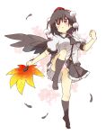  1girl black_feathers black_hair black_skirt black_socks black_wings breasts clenched_hand closed_mouth collared_shirt commentary_request dress_shirt feathered_wings feathers frilled_skirt frills full_body hair_between_eyes hand_up hat highres holding medium_breasts mini_hat no_shoes panties pink_panties pleated_skirt puffy_short_sleeves puffy_sleeves red_eyes red_headwear shameimaru_aya shirt short_sleeves skirt socks solo standing standing_on_one_leg tiptoes tokin_hat totoharu_(kujirai_minato) touhou underwear v-shaped_eyebrows white_shirt wings 