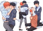  2boys blue_sweater blush cardigan given highres hug kiss male_focus multiple_boys orange_hair pevellynee pillow satou_mafuyu simple_background sweater towel towel_around_neck towel_on_head uenoyama_ritsuka white_background yaoi 