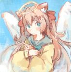  1girl :3 angel angel_wings blue_background blue_bow blue_bowtie blue_eyes blue_sailor_collar bow bowtie brown_hair cardigan closed_mouth hair_bow halo highres indie_virtual_youtuber long_hair long_sleeves looking_at_viewer neuro-sama pasharuu puffy_long_sleeves puffy_sleeves red_bow sailor_collar simple_background smile solo two_side_up upper_body very_long_hair virtual_youtuber white_wings wings yellow_cardigan 