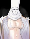  1girl aumann bikini blue_archive breasts character_request hat jewelry large_breasts navel necklace robe solo stomach swimsuit upper_body white_bikini white_headwear white_mask white_robe 