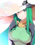  1girl aqua_eyes breasts green_hair happy_birthday hat highres large_breasts long_hair masou_shizuka rance_(series) shaded_face shikosour simple_background smile solo white_background witch_hat 