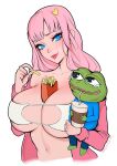  1girl artist_name bare_shoulders between_breasts bikini blue_eyes brassica breasts collarbone cup disposable_cup food french_fries hair_ornament heart heart_hair_ornament highres holding holding_cup jacket long_hair navel off_shoulder open_clothes open_jacket original pepe_the_frog pink_hair pink_jacket pink_lips swimsuit tearing_up white_bikini 