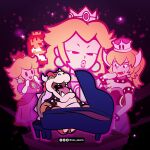  8-bit :d black_dress blonde_hair bowser bowsette chair closed_eyes crown dress earrings gloves highres horns instrument jewelry lips lolo_aburto long_hair mario_(series) music open_mouth orange_hair paper_mario piano pink_dress playing_instrument princess_peach singing sky smile star_(sky) starry_sky super_crown super_mario_bros._1 the_super_mario_bros._movie white_gloves 