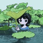  1girl ahoge black_hair blue_background blue_eyes blue_sweater blush closed_mouth eli_(chibitoad) english_commentary expressionless highres holding holding_leaf leaf lily_pad looking_at_viewer medium_hair original partially_submerged plant plant_on_head rain simple_background solo sweater upper_body water water_drop 