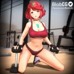  1boy 1girl 3d :d alternate_costume artist_name blobcg blush breasts buruma chest_jewel choker dumbbell english_commentary fingerless_gloves full_body gem gloves gym headpiece highres kneeling large_breasts looking_at_viewer navel patreon_username pyra_(xenoblade) red_buruma red_choker red_eyes red_hair red_sports_bra shoes short_hair smile sneakers solo sports_bikini sports_bra swept_bangs tiara xenoblade_chronicles_(series) xenoblade_chronicles_2 