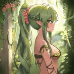  1girl breasts brown_eyes day dryad dryad_(terraria) elythdoodlz from_side green_hair highres jungle leaf_clothing long_hair medium_breasts nature outdoors pointy_ears ponytail sideboob sidelocks solo terraria upper_body very_long_hair 