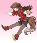  1girl blazer boots bow brown_hair character_request copyright_request gradient_background highres jacket long_hair miniskirt mita_kurumi multicolored_tail open_mouth outstretched_hand pantyhose pink_background red_eyes skirt solo tail 