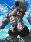  2022 absurd_res anthro big_abs big_biceps big_pecs black_bottomwear black_clothing black_shorts black_thong black_underwear bottomwear bottomwear_down clothed clothing cloud colin_steel detailed_background dragon echin forest green_eyes grey_body grey_scales hi_res horn male mountain muscular muscular_anthro muscular_male muscular_thighs nipples one_eye_closed outside pants pants_down partially_clothed pecs plant red_stripes scales scalie shorts sky smile solo striped_body striped_scales stripes thick_thighs thong topwear tree underwear vein veiny_muscles vest wink 