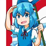  1girl :d arm_up bamboo blue_eyes blue_hair bow cirno commentary dress english_commentary flag flag_print hair_bow hand_up headband highres holding holding_flag ice ice_wings indonesian_flag looking_at_viewer neck_ribbon open_mouth puffy_short_sleeves puffy_sleeves red_headband red_ribbon ribbon salute short_hair short_sleeves smile solo touhou upper_body white_headband wing_collar wings xen0moonz 