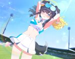  1girl aamana0 absurdres animal_ears arms_up black_hair blue_archive blue_eyes blue_sky bracelet breasts bright_pupils character_name cheerleader cleavage criss-cross_halter dog_ears dog_tail eyewear_on_head facial_mark glasses grass halterneck hibiki_(blue_archive) hibiki_(cheer_squad)_(blue_archive) highres jewelry long_hair millennium_cheerleader_outfit_(blue_archive) navel parted_lips pom_pom_(cheerleading) skirt sky solo stadium star_(symbol) star_facial_mark tail white_pupils white_skirt 