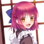  1girl apron blue_bow bow breasts commentary_request from_side hair_bow highres kohaku_(tsukihime) lo_lis looking_at_viewer maid maid_apron medium_breasts open_mouth orange_eyes pink_hair portrait smile solo tsukihime 