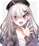  1girl :d ahoge beret blunt_bangs blush breasts cleavage dot_nose eyes_visible_through_hair fangs grey_hair hair_ornament hair_over_one_eye hat highres large_breasts long_hair looking_at_viewer mole mole_under_eye nijisanji open_mouth parted_bangs purple_eyes simple_background smile solo sukoya_kana tongue virtual_youtuber x_hair_ornament yukino_0306 