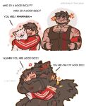  &lt;3 2023 anthro bodily_fluids canid canine clothing deadbeat_incubus embrace english_text exclamation_point grey_body hi_res hug human jealous male mammal muscular muscular_anthro muscular_male red_sclera shirt simple_background tank_top tears text topwear transformation were werecanid werecanine werewolf white_background 