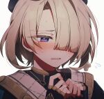  1boy androgynous beret black_headwear black_jacket blonde_hair blush bridal_gauntlets coojisan freckles freminet_(genshin_impact) genshin_impact grey_background hair_over_one_eye hat highres jacket male_focus one_eye_covered open_mouth purple_eyes solo 