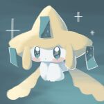  blue_background blue_eyes blush blush_stickers commentary dot_mouth floating full_body highres jirachi looking_at_viewer mame_(pixiv_57985908) no_humans pokemon pokemon_(creature) simple_background solo sparkle 