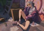  1girl absurdres adjusting_eyewear against_wall alley alternate_costume arched_bangs black_shorts commentary_request fang full_body grey_hair hair_bun hairband highres hololive jacket long_hair long_sleeves looking_at_viewer murasaki_shion open_mouth outdoors purple_footwear purple_jacket rikkusu shirt shoes shorts single_side_bun sitting skin_fang skirt skirt_set smirk smug sneakers socks solo streetwear sunglasses t-shirt virtual_youtuber white_shirt white_socks yellow_eyes 