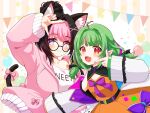  2girls @_@ ahoge animal_ear_fluff animal_ears arm_up balloon black-framed_eyewear black_hair bow cat_ears cat_girl cat_tail clothes_writing coat collarbone commission darlingstrawb dress fang green_hair hair_intakes heart heart-shaped_pupils heart_ahoge heterochromia hexa_(vtuber) highres indie_virtual_youtuber medium_hair multicolored_coat multicolored_hair multiple_girls open_mouth orange_dress pink_bow pink_eyes pink_hair pink_sweater pointy_ears purple_bow purple_eyes purple_hair red_eyes red_hair round_eyewear shirt short_eyebrows skeb_commission skin_fang star_(symbol) streaked_hair sweater symbol-shaped_pupils tail tail_bow tail_ornament two_side_up virtual_youtuber white_coat white_shirt yui_mirano 