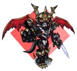  5oruu armor cannon claws digimon dragon dragon_boy energy_sword highres horns imperialdramon_fighter_mode_(black) red_eyes sword tail teeth weapon wings 