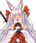  1girl animal_ear_fluff animal_ears asanagi asanagi_(azur_lane) azur_lane bare_shoulders blunt_bangs blush colored_eyelashes crossed_arms detached_sleeves fox_ears hair_ribbon hakama highres japanese_clothes katana long_hair looking_at_viewer manjuu_(azur_lane) midriff mole mole_on_stomach navel open_mouth red_eyeliner red_hakama red_ribbon ribbon simple_background solo sweat sword twintails upper_body weapon white_background white_hair wide_sleeves yellow_eyes 