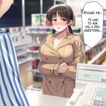  1boy 1girl blurry blurry_background blush breasts breasts_apart brown_eyes cash_register cashier coat convenience_store english_text exhibitionism female_pervert large_breasts medium_hair naked_coat open_mouth original pervert public_indecency shop sideways_glance solo_focus stomach sweat twintails udonko072 