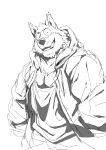  2023 black_nose canid canine canis clothing digital_drawing_(artwork) digital_media_(artwork) domestic_dog grin hi_res looking_at_viewer male mammal monapic_chang monochrome shirt simple_background smile solo subaru_(monapic_chang) tank_top teeth topwear white_background 