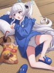  1girl alternate_costume bag_of_chips blue_archive blue_halo blue_hoodie chips_(food) cola cup drinking_glass drinking_straw food halo highres holding holding_food hood hood_down hoodie indoors long_hair long_sleeves lying miyako_(blue_archive) on_side one_side_up open_mouth panties pillow potato_chips purple_eyes ripnte solo underwear white_hair white_panties 