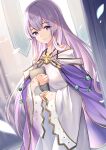  1girl absurdres bare_shoulders book book_hug breasts cape circlet dress fire_emblem fire_emblem:_genealogy_of_the_holy_war highres holding holding_book hugging_object jewelry julia_(fire_emblem) long_hair long_sleeves looking_at_viewer purple_cape purple_eyes purple_hair ry_thae smile solo wide_sleeves 