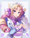  1girl absurdres alternate_costume bangs blonde_hair blue_dress blue_eyes bow collared_dress commentary_request dress drill_hair enmaided grey_background gwen_(league_of_legends) highres league_of_legends long_hair long_sleeves looking_at_viewer maid maid_headdress momoirone multicolored_hair open_mouth own_hands_together parted_bangs petals pink_hair purple_bow solo two-tone_hair very_long_hair 