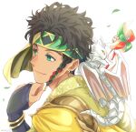  1boy animal_on_shoulder braid bridal_gauntlets brown_eyes brown_hair claude_von_riegan claude_von_riegan_(winds_offered) dragon fire_emblem fire_emblem:_three_houses fire_emblem_heroes green_headband hand_on_own_chin headband holding_pinwheel mojakkoro official_alternate_costume pinwheel single_braid smile solo upper_body white_background wyvern 