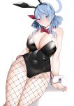  1girl ako_(blue_archive) animal_ears arind_yudha black_leotard blue_archive blue_eyes blue_hair blush bow bowtie breasts covered_navel detached_collar fake_animal_ears fishnet_pantyhose fishnets hair_between_eyes hair_ribbon hairband halo highleg highleg_leotard highres large_breasts leotard long_hair looking_at_viewer pantyhose playboy_bunny rabbit_ears ribbon solo wrist_cuffs 