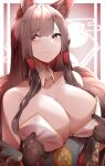  1girl absurdres akagi_(azur_lane) animal_ears azur_lane bare_shoulders breasts brown_gloves brown_hair center_opening cleavage gloves highres huge_breasts large_tail long_hair looking_to_the_side metal_belt red_eyes sakura_empire_(emblem) sakuramon samip slit_pupils solo tail 