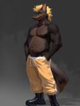 2023 anthro biped boots brown_body canid canine clothing digital_drawing_(artwork) digital_media_(artwork) footwear fur goatsubs hair hands_in_both_pockets hi_res male mammal muscular muscular_anthro muscular_male navel simple_background standing tail 