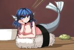  1girl blue_eyes blue_hair blush breasts chopsticks cleavage closed_mouth collarbone drill_hair fins food formicid hair_between_eyes head_fins large_breasts looking_at_viewer medium_hair mermaid monster_girl rice smile solo sushi touhou wakasagihime 