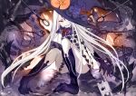  1girl abigail_williams_(fate) abigail_williams_(third_ascension)_(fate) aonogura bird black_bird black_bow black_headwear bow colored_skin crow fate/grand_order fate_(series) fingernails grin hat hat_bow highres key keyhole long_hair looking_at_viewer multiple_hat_bows orange_bow pink_eyes revealing_clothes sharp_fingernails sharp_teeth sharp_toenails sitting smile solo suction_cups teeth tentacles third_eye toenails very_long_hair white_hair white_skin witch_hat 