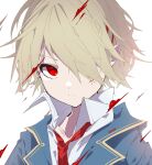  1girl alf11258800 blonde_hair blood blood_on_face blue_jacket closed_mouth hair_ornament heaven_burns_red highres jacket kayamori_ruka necktie one_eye_covered portrait red_eyes red_necktie shirt short_hair simple_background solo white_background white_shirt 