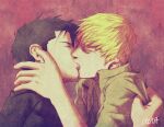  2boys bara black_hair blonde_hair collared_shirt couple cris_art from_side hand_on_another&#039;s_neck hulkling kiss long_sideburns male_focus marvel multiple_boys shirt shirt_tug short_hair sideburns thick_eyebrows upper_body wiccan yaoi 