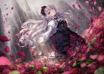  1girl beretta_crossrain blurry castle day depth_of_field dress falling_petals field flower flower_field hair_ornament highres indie_virtual_youtuber lolita_fashion looking_at_viewer missile228 petals red_eyes rose standing white_hair 