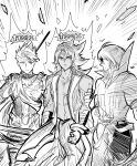  3boys achilles_(fate) armor arms_at_sides aura bhima_(fate) bracer collared_shirt dark-skinned_female dark_skin fate/grand_order fate_(series) feet_out_of_frame frown gameplay_mechanics greyscale highres long_hair male_focus monochrome multiple_boys p91k7ccbk4heiho purple_hair sakata_kintoki_(fate) shirt sketch sunglasses surprised toned toned_male vest 