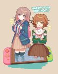  1boy 1girl :d backpack bag breasts brown_hair brown_skirt collared_shirt cropped_legs danganronpa_(series) danganronpa_2:_goodbye_despair dated ear_bow flipped_hair fujisaki_chihiro galaga gem green_jacket hair_ornament happy_birthday highres hood hood_down hooded_jacket jacket long_sleeves looking_at_viewer medium_hair miniboy minigirl miniskirt nanami_chiaki neck_ribbon nintendo_switch no_ame_tei open_clothes open_jacket open_mouth otoko_no_ko pink_bag pink_eyes pleated_skirt ribbon shirt shirt_tucked_in simple_background skirt smile standing thighhighs usami_(danganronpa) white_shirt wings 