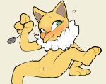  5:4 anthro biped blush bodily_fluids female fur generation_1_pokemon genitals green_eyes hi_res hypno_(pokemon) itsunknownanon nintendo pokemon pokemon_(species) pussy simple_background solo spread_legs spreading sweat white_body white_fur yellow_body yellow_fur 