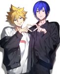  2boys belt black_belt black_jacket black_pants black_shirt blonde_hair blue_eyes blue_hair blue_nails clenched_teeth earrings facing_viewer grin hair_between_eyes heart heart_hands highres implied_yaoi jacket jewelry kagamine_len kaito_(vocaloid) looking_at_viewer male_focus multiple_boys nail_polish off_shoulder pants shadow shirt short_hair smile spiked_hair supreme_(brand) teeth tetorutti35 upper_body vocaloid white_background yellow_nails 