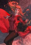  1girl black_bodysuit bodysuit book breasts closed_mouth doctor_strange_in_the_multiverse_of_madness fire hands_up jacket lips long_hair looking_at_viewer marvel marvel_cinematic_universe medium_breasts open_book orange_hair poboong123 red_eyes red_jacket scarlet_witch shadow solo standing statue tiara wall wanda_maximoff 